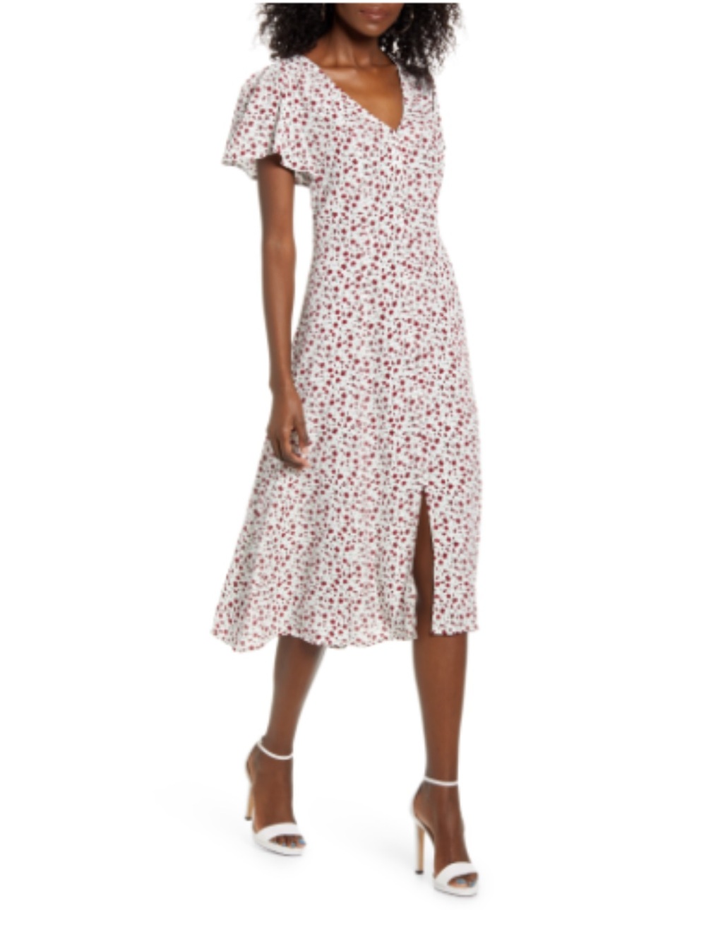 Row A Button Front Flutter Sleeve Midi Dress (Small)